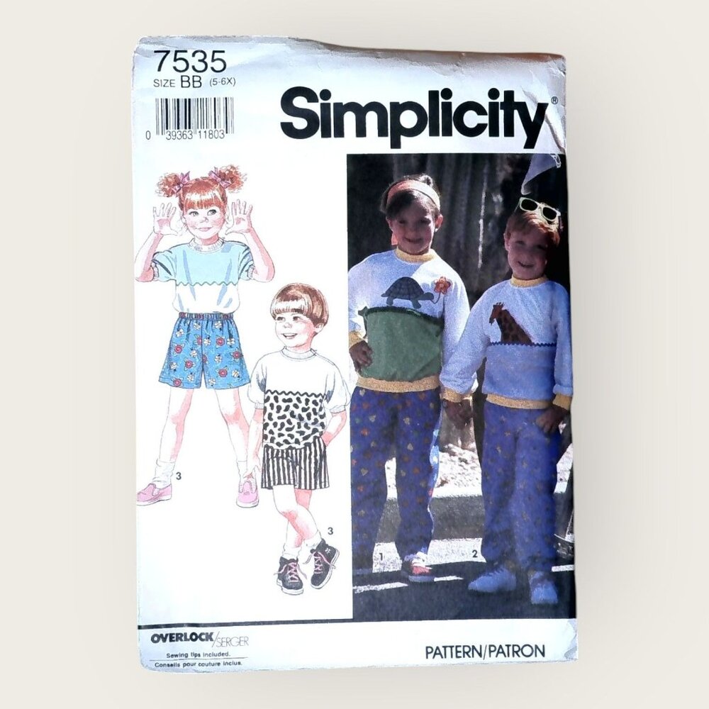 Vintage 1990s Simplicity Sewing Pattern 7535 Unisex Pants Shorts Tops Size 5-6X